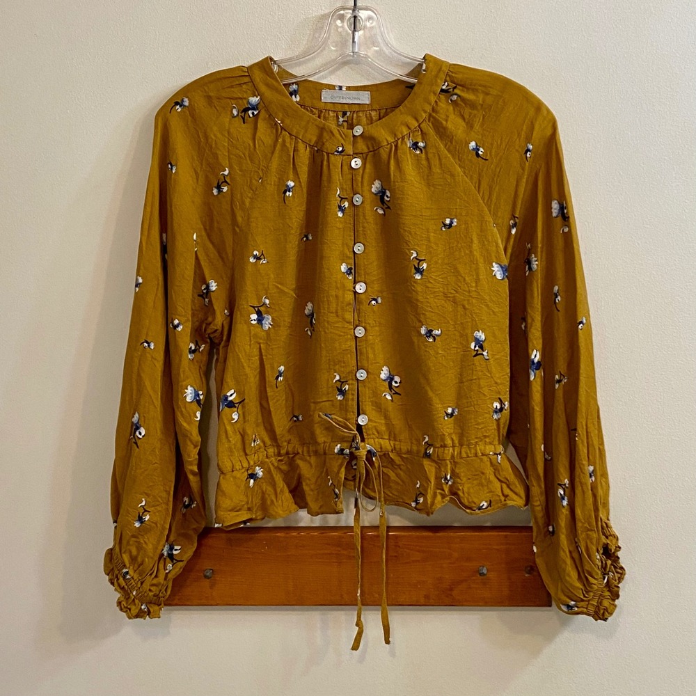 Outerknown Floral Silk Blend Peplum Blouse Women XS Mustard Yellow Summer Spring